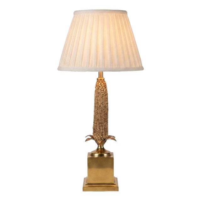 Brass Corn Table Lamp with White Pleated Shade, 1970s For Sale