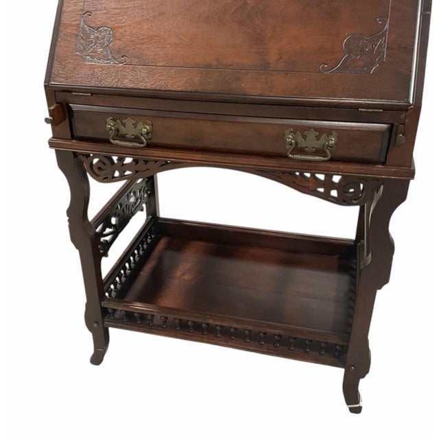Queen Anne Vintage Mahogany Drop-Front Secretary Desk With Carved Gallery & Lower Shelf For Sale - Image 3 of 10