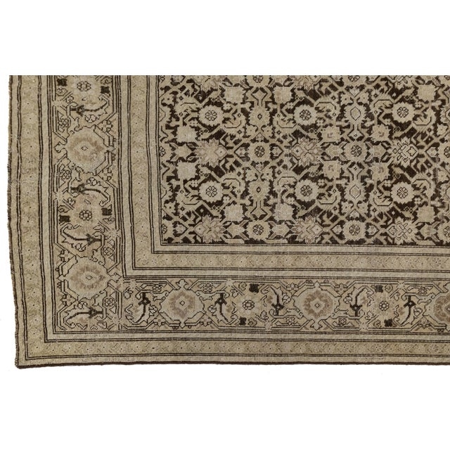 Textile 7 X 19 Antique Malayer Wool Rug in Warm Beige Features a Floral Persian Detail For Sale - Image 7 of 9