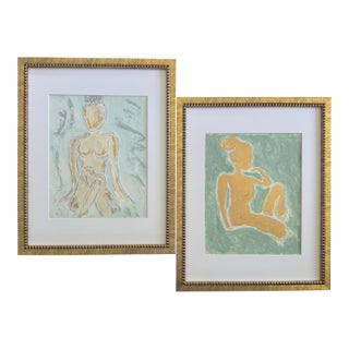 Pair of Figurative Originals Acrylic, Charcoal, and Oil Stick on 8x10” Watercolor Paper Matted and Framed to 12x15”. For Sale