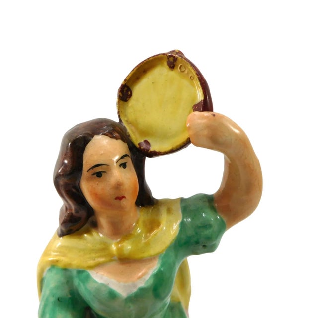 Rare Antique Staffordshire Gypsy Dancer with Tambourine Figurine Circa: 1860's Unmarked 8.75" Height; 3.25" Length; 2.5"...
