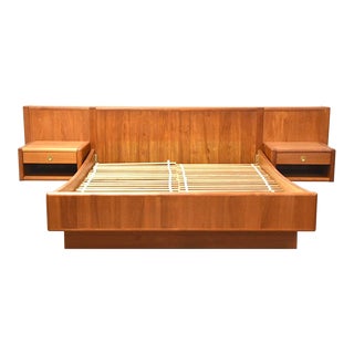 Floating Modern Teak Queen Bed For Sale