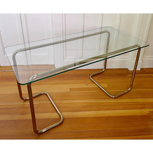 Milo Baughman Vintage 1970s/1980s Postmodern Tubular Brass and Glass Console Table, Desk, or Small Dining Table For Sale - Image 4 of 8