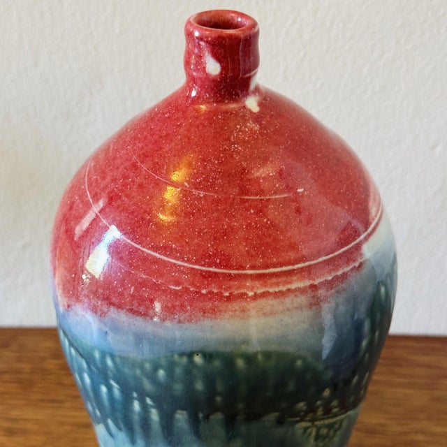Vintage Hand Thrown California Studio Pottery Vessel in Red and Turquoise by Jean Bliss Measures approx: 11H x 5.5D Please...