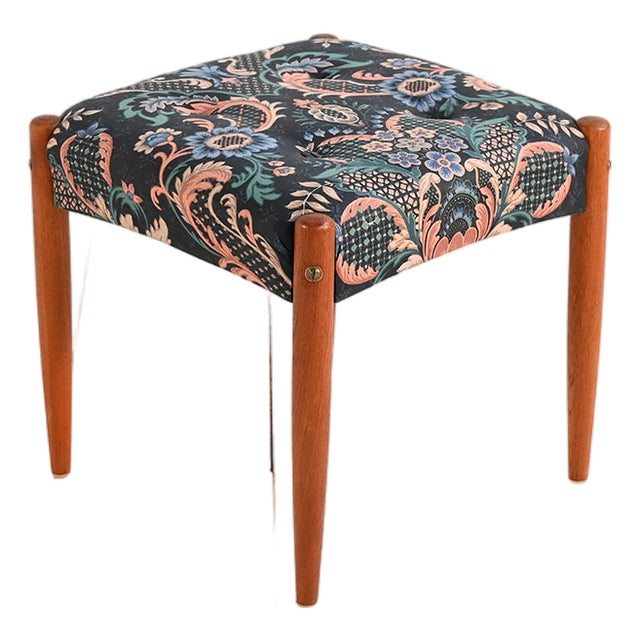 Scandinavian Teak Stool with Padded Seat, 1970s For Sale