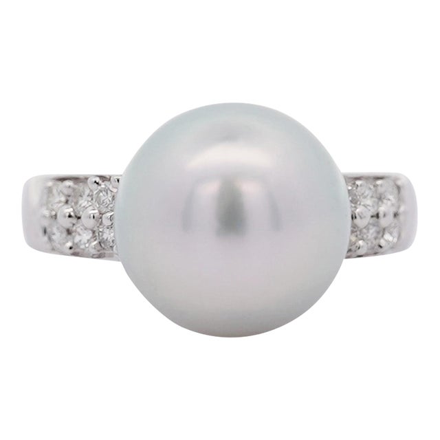 12mm Cultured South Sea Pearl & Round Diamond Ring in Platinum Size 6.25 For Sale
