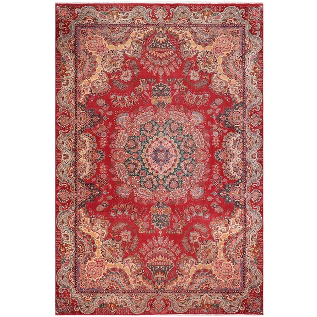 Red Shabby Chic Tabriz Red/Green Wool Rug - 9'6'' X 13'3'' For Sale - Image 8 of 10