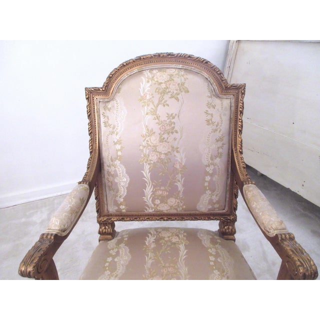 Gold Antique French Louis Gilt Carved Bergere Chair With Damask Roses Fabric For Sale - Image 8 of 13
