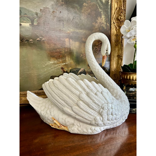 Large White Ceramic Swan Centerpiece Jardinière For Sale - Image 4 of 10