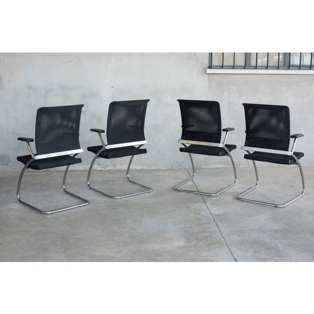 Technical Chromed Steel Desk Armchairs with Black Upholstery, 1980s, Set of 8 For Sale - Image 3 of 17