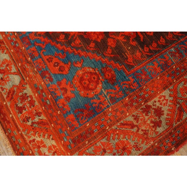 Brown Beautiful Brown Background With Firey Reds and Sky Blue Antique Tribal and Rustic Turkish Kula Rug For Sale - Image 8 of 9