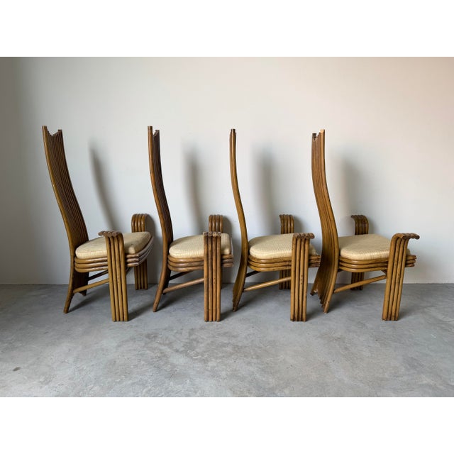 Vintage Boho Chic McGuire Style Sculptural Tall Back Rattan Arm Dining Chairs – Set of 4 For Sale - Image 4 of 12