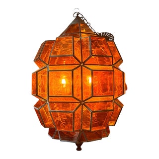 Mid 20th Century Monumental Mid-Century Mexican "Morisco" Lantern in Deep Amber Glass For Sale