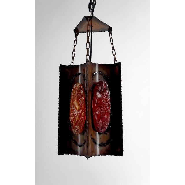 Suspension / Chandelier by the Potters of Accolay in Patinated Copper and Multicolored Fractal Resin Medallions, Circa...