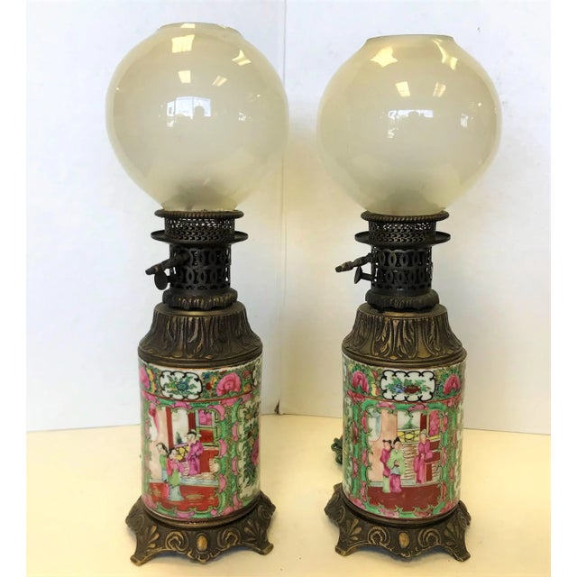 Early 20th Century Antique Asian Chinoiserie Style Hand Painted Porcelain and Bronze Oil Lamps Converted to Electric - a Pair For Sale - Image 13 of 13