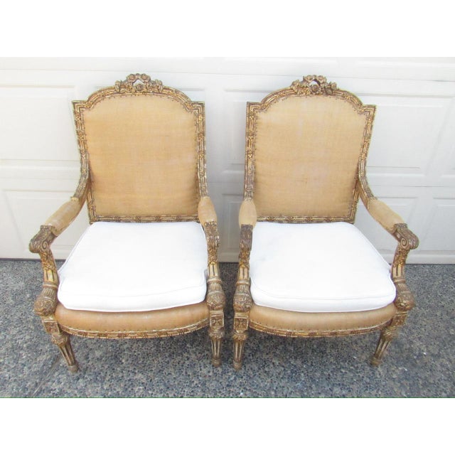 Wood Pair of Antique French Louis XVI Style Giltwood Armchairs For Sale - Image 7 of 18