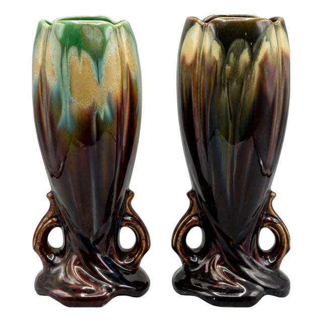 Mid-Century Art Deco Style Pour Glazed Vases from Faïence Thulin, 1940s, Set of 2 For Sale
