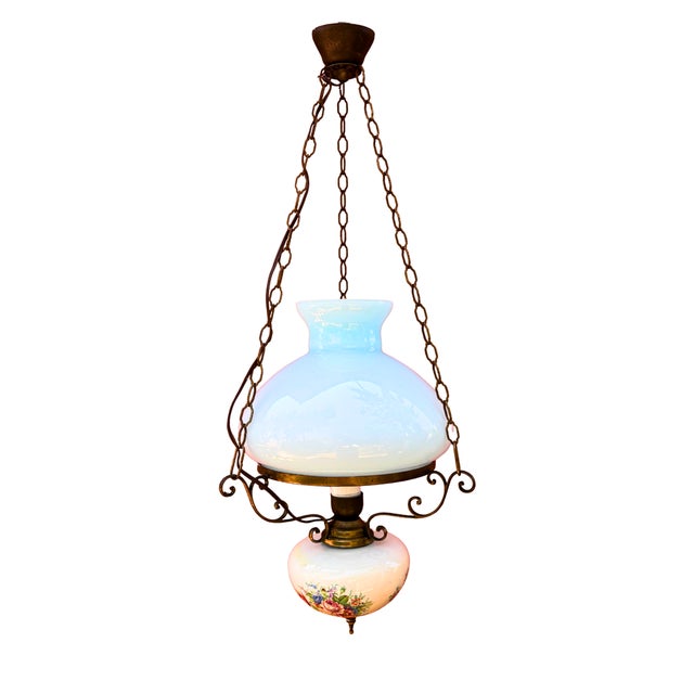 1940s French Blue Opaline Hanging Lamp with Floral Decorated Reservoir in Brass and Opaline Glass, 1940s For Sale - Image 5 of 5