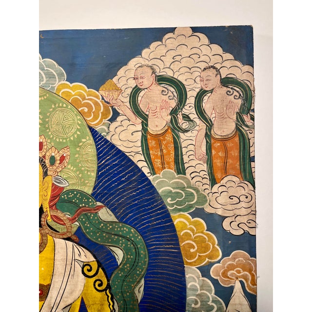 Vintage Traditional Tibetan Buddhist Thangka Hand-Painted Mineral Pigment on Cotton For Sale - Image 4 of 11