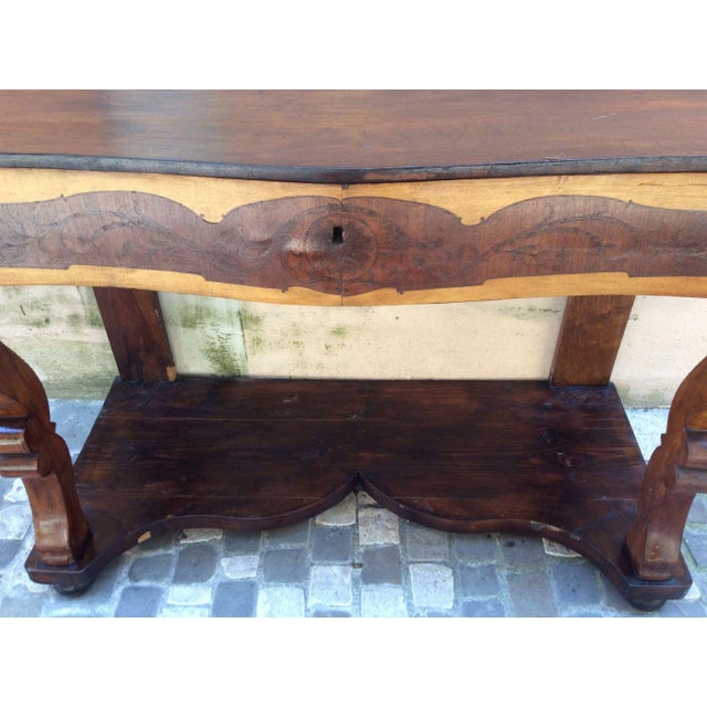 Shaped Walnut and Maple Console Table For Sale - Image 4 of 5