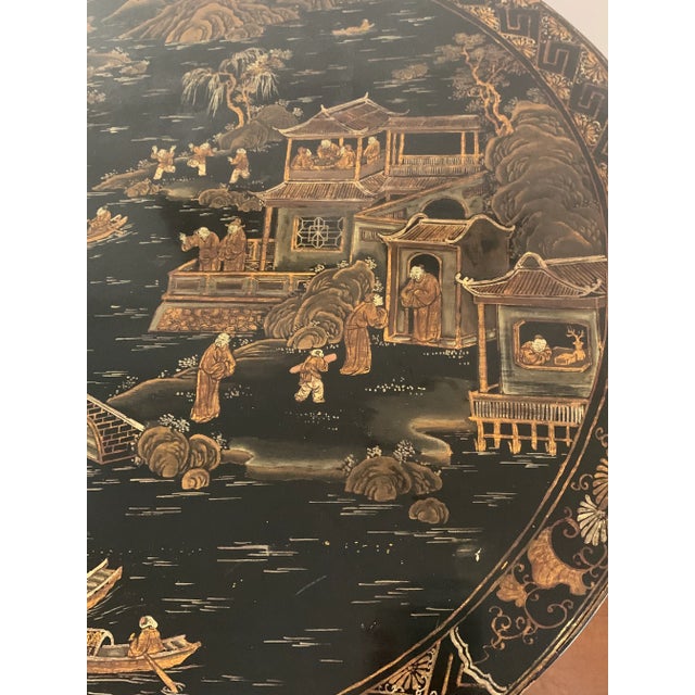 Chinoiserie Black Lacquered Chinoiserie Fretwork Rattan Table For Sale - Image 3 of 10