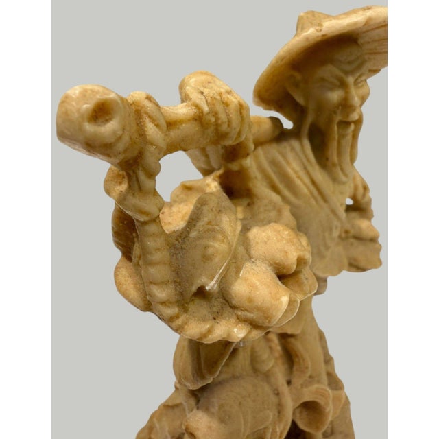 Tan Vintage Chinese Carved Soapstone Fisherman & Boy Fish Basket Sculpture 7" For Sale - Image 8 of 13