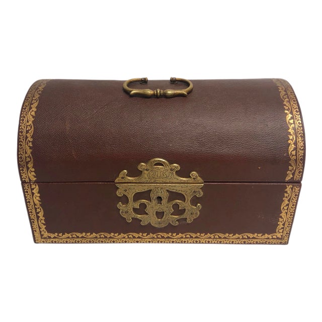 1950s Italian Tooled Leather Dome-Top Box with Gold Accents For Sale