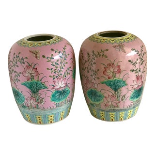 Pink Asian Chinoiserie Vases - A Pair For Sale