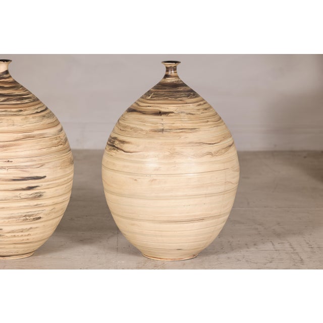 Late 20th Century Large Artisan Ceramic Floor Vases with Cream and Brown Swirled Glaze (Sold Each) For Sale - Image 14 of 18
