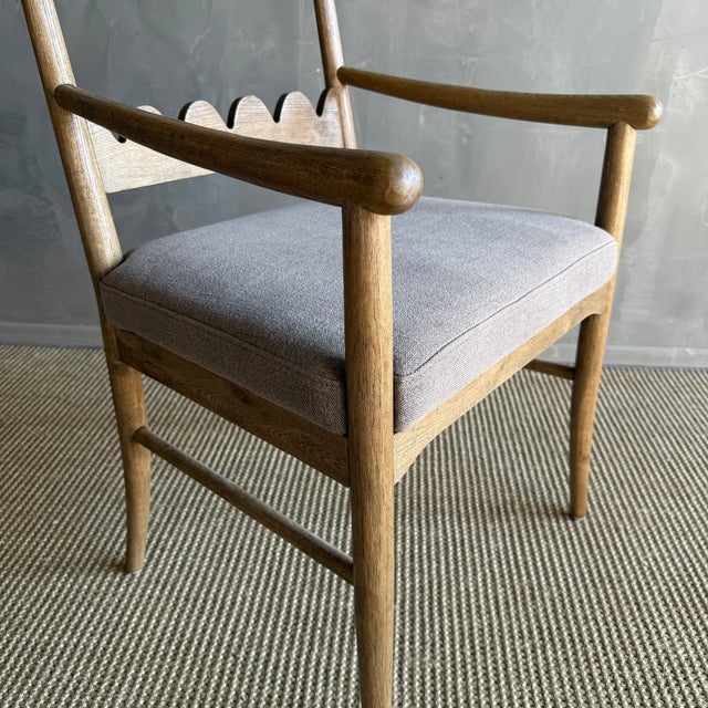 Oak Open Arm Accent Chair or Dining Chair With Belgian Linen Upholstery For Sale - Image 9 of 9