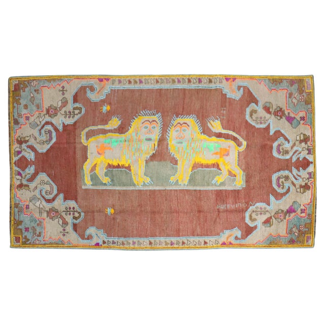 Mid 20th Century Colorful Lion Pictorial Turkish Accent Rug For Sale - Image 10 of 18
