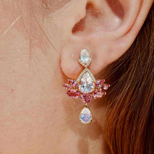 Not Yet Made - Made To Order Nina Zhou 10.38ctw Aspire Lotus Moonstone Pink Tourmaline Diamond Drop Earring For Sale - Image 5 of 8