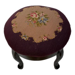 19th Century Queen Anne Style Mahogany Footstool With Floral Needlepoint For Sale