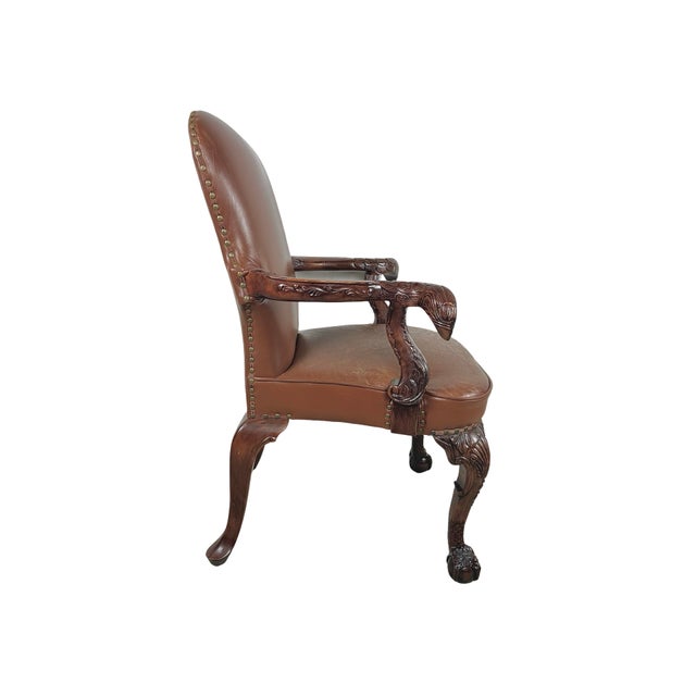 Vintage Maitland-Smith Carved Wood & Brown Leather Armchair For Sale - Image 12 of 18