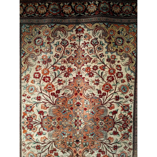 Vintage Persian Qum Area Rug, Hand-Knotted Silk, Floral Pattern, Ivory & Navy, 3x5 For Sale - Image 12 of 18