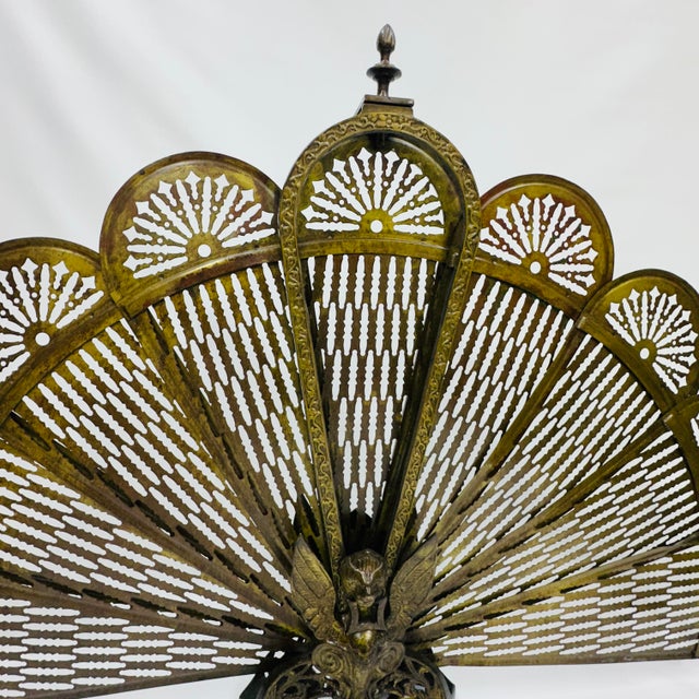 Victorian 19th Century Gilt Bronze Brass Victorian Peacock and Sphinx Fire Screen Fan For Sale - Image 3 of 18