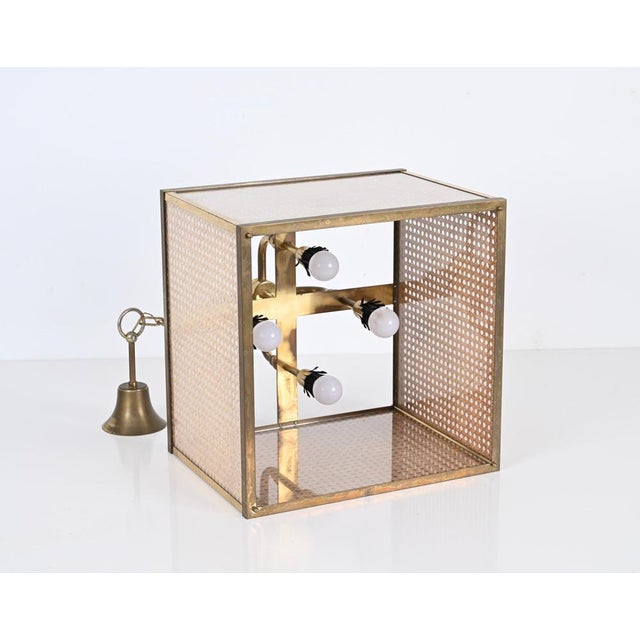 Gold Vienna Straw Wicker, Glass Square & Brass Chandelier Lamp, Italy, 1950s For Sale - Image 8 of 17