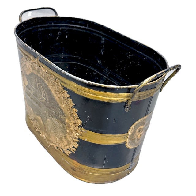 Vintage Singerie (Monkey) tole cachepot or magazine holder with handles. Handpainted tole black and gold cachepot with...
