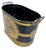 Vintage Singerie (Monkey) tole cachepot or magazine holder with handles. Handpainted tole black and gold cachepot with...
