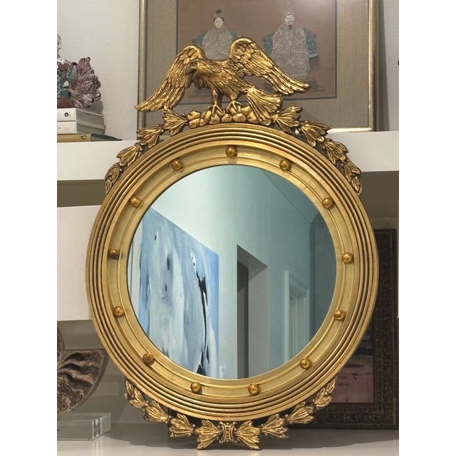 Vintage Large Scale American Federal Revival Giltwood Eagle Crest Round Mirror For Sale - Image 9 of 17