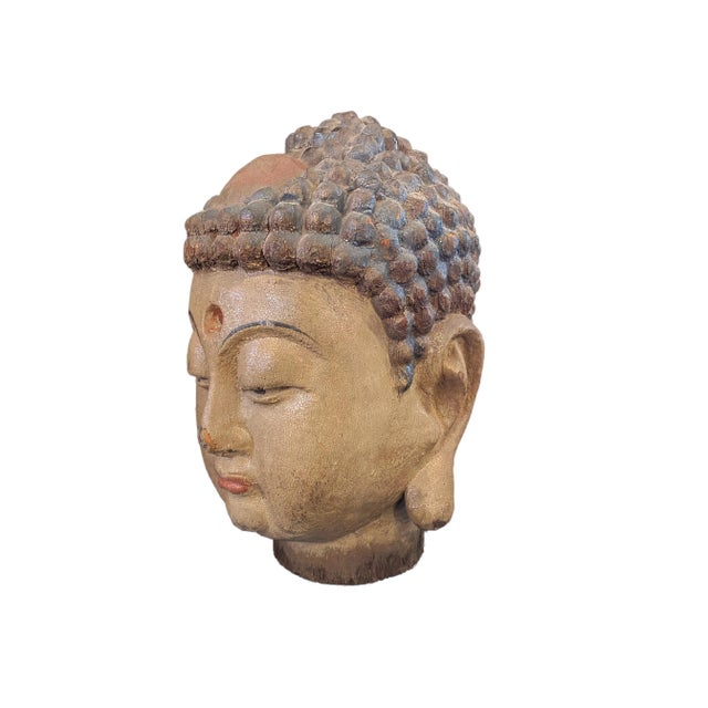 Asian Vintage Asian Hand Carved Wood Buddha Head For Sale - Image 3 of 9