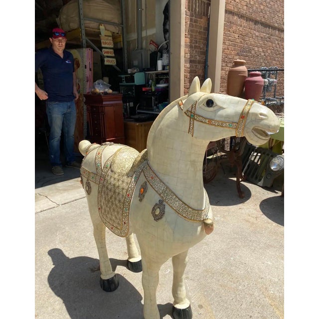 Hollywood Regency Oversized Vintage Marble Horse Statue With Gem and Gold Details For Sale - Image 3 of 7