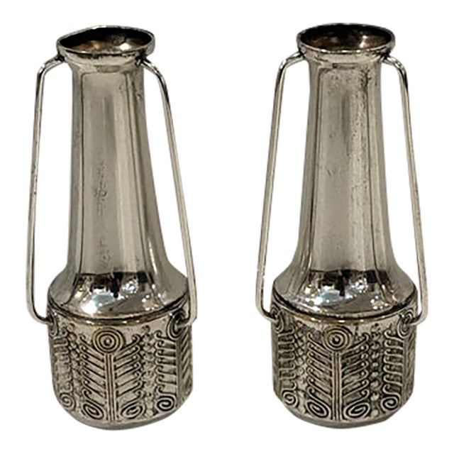 Antique Art Deco German Silver Plate Vases - Pair. For Sale