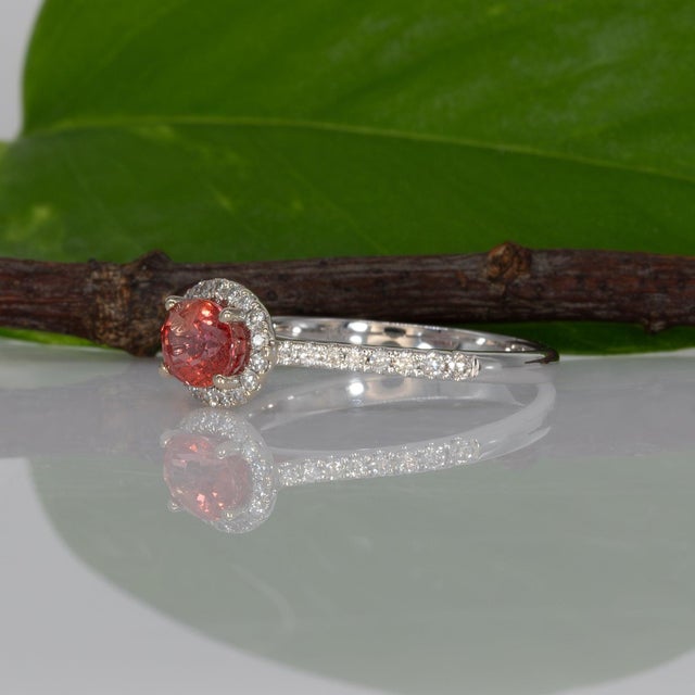 Metal Padparadscha Sapphire Ring With Diamond Halo: Solid 14k Gold, Size 6.75 For Sale - Image 7 of 10