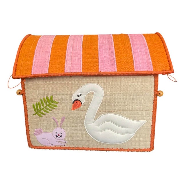 Coastal Vintage Madagascar Woven Raffia Domed Toy Box Trunk With Swan Appliqué For Sale - Image 3 of 12