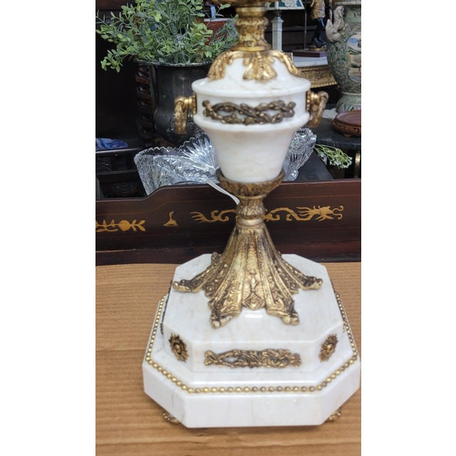 1950s Pair French Stone and Gilt Brass Candelabra Lamps For Sale - Image 10 of 16
