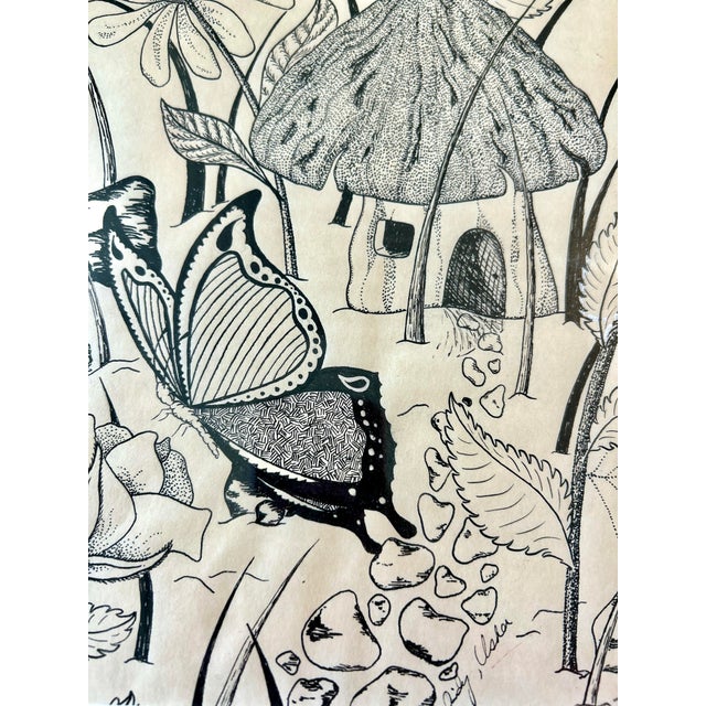1970s Original Pen and Ink Drawing Set of 2, Framed, Mushrooms and Butterflies For Sale - Image 5 of 10