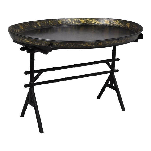 19th C English Victorian Leather Tole Tray Coffee Table On Faux