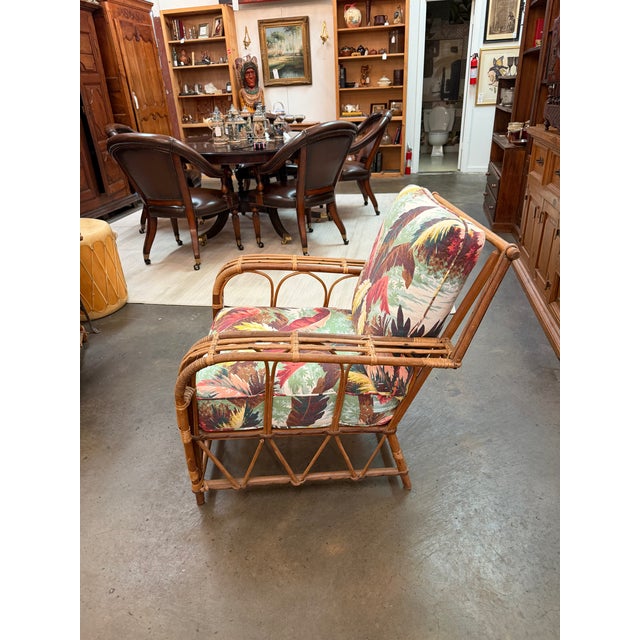 Pair of Mid-Century Rattan Lounge Chairs With Tropical Botanical Upholstery For Sale - Image 4 of 11