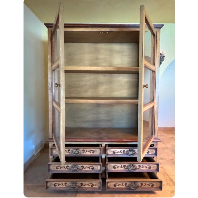 Vintage Dupuis Mexico Artisan Carved Distressed Pine Hutch & Buffet Cabinet For Sale - Image 4 of 6